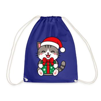 Kawaii-Katze mit Weihnachtsgeschenk - Turnbeutel - Königsblau - Vorne