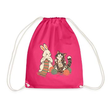Kaninchen und Katze beim Stricken - Turnbeutel - Fuchsia - Vorne