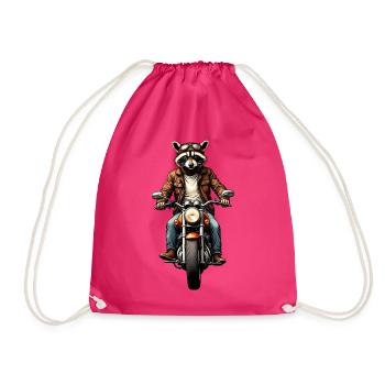 Waschbär auf Oldtimer-Motorrad, Gravur – ohne Text - Turnbeutel - Fuchsia - Vorne