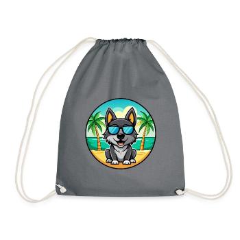 Black Norwegian Elkhound Dog Breed Cartoon Beach - Drawstring Bag - grey - Front