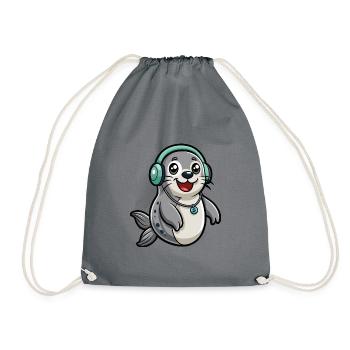 Seal Funny Cartoon Character Headphone Music - Drawstring Bag - grey - Front