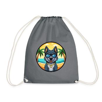 Black Norwegian Elkhound Dog Breed Cartoon Beach - Drawstring Bag - grey - Front