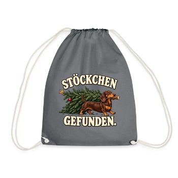 Dackel Weihnachtsbaum – Stöckchen gefunden - Turnbeutel - Grau - Vorne
