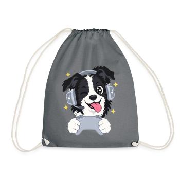 Gaming Border Collie mit Headset und Controller - Turnbeutel - Grau - Vorne