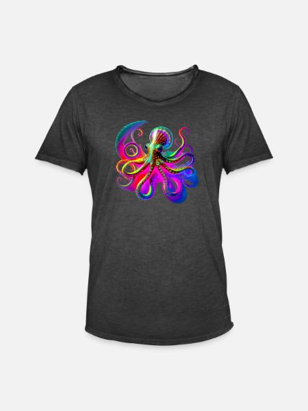 Psychedelic Neon Octopus - Men's Vintage T-Shirt - washed black