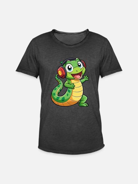 Snake Funny Cartoon Character Headphone Music - Men's Vintage T-Shirt - washed black