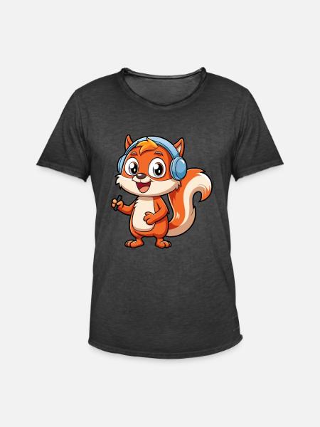 Ekorre Rolig Tecknad Figur Hörlurar Musik - Vintage-T-shirt herr - vintagesvart