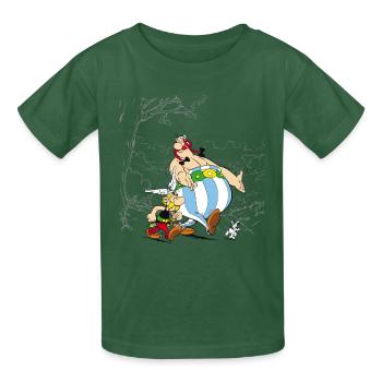 Asterix & Obelix Spaziergang Mit Idefix - Kinder T-Shirt von Russell - Flaschengrün - Vorne - AI Model Kid Male (0cm)