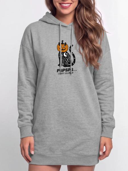 Pspsps oder Saures – Schwarze Katze Halloween - Hoodie-Kleid - Grau meliert - Vorne - AI Model Female 172 light (172cm)