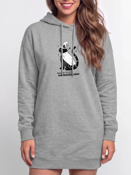 Macht Platz ihr Magielosen! – Schwarze Katze Hexe - Hoodie-Kleid - Grau meliert - Vorne - AI Model Female 172 light (172cm)