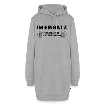 Im Einsatz gegen akute Unterhopfung – Bierspruch - Hoodie-Kleid - Grau meliert - Vorne - AI Model Female 172 light (172cm)