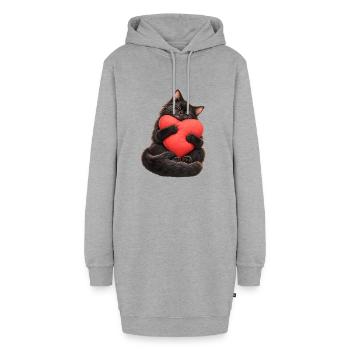 Schwarze Katze mit Herzkissen – Liebe auf Pfoten - Hoodie-Kleid - Grau meliert - Vorne - AI Model Female 172 light (172cm)