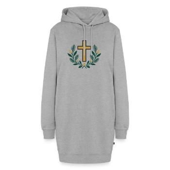 Goldenes Kreuz im Laubkranz - Hoodie-Kleid - Grau meliert - Vorne - AI Model Female 172 light (172cm)