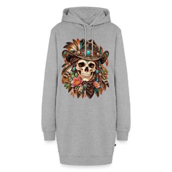 Totenkopf, Totenkopf, Biker, Totenkopf, Cowboyhut - Hoodie-Kleid - Grau meliert - Vorne - AI Model Female 172 light (172cm)