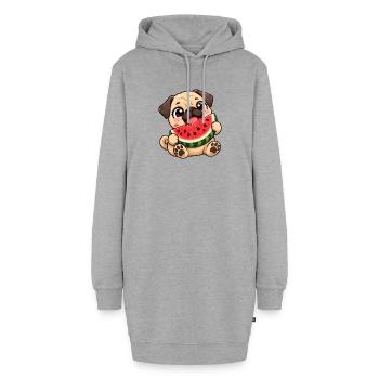 Mops Chibi Kawaii Cartoon Freude - Hoodie-Kleid - Grau meliert - Vorne - AI Model Female 172 light (172cm)