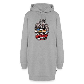 Du willst wissen wie – Muskelwolf und Fitness - Hoodie-Kleid - Grau meliert - Vorne - AI Model Female 172 light (172cm)