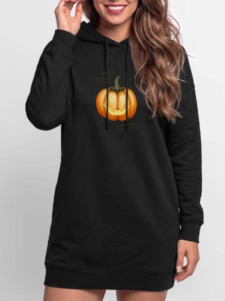 Innen etwas hohl, aber grinse sympathisch - Kürbis - Hoodie-Kleid - Schwarz - Vorne - AI Model Female 172 light (172cm)