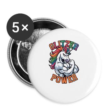 Glitzer Power Einhorn - Buttons groß 56 mm (5er Pack) - Weiß - Vorne