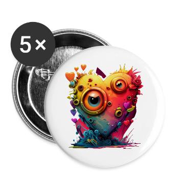 Buntes Herz mit Augen - Buttons groß 56 mm (5er Pack) - Weiß - Vorne