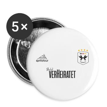 JGA - Trikot - Bald verheiratet - Dunkle Schrift - Buttons groß 56 mm (5er Pack) - Weiß - Vorne