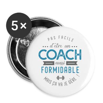 COACH entraineur sportif cadeau - Lot de 5 grands badges (56 mm) - blanc - Devant