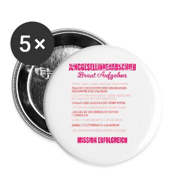 JGA Liste Junggesellin Mutprobe Braut Aufgaben - Buttons groß 56 mm (5er Pack) - Weiß - Vorne