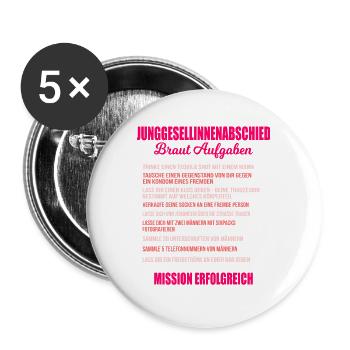 JGA Aufgaben Braut Junggesellinnen Checkliste - Buttons groß 56 mm (5er Pack) - Weiß - Vorne