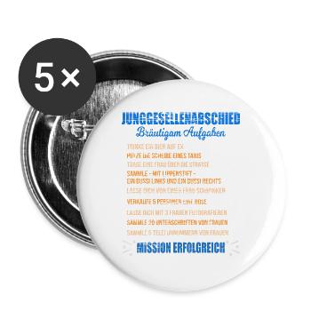 JGA Liste Junggeselle Mutprobe Bräutigam Aufgaben - Buttons groß 56 mm (5er Pack) - Weiß - Vorne