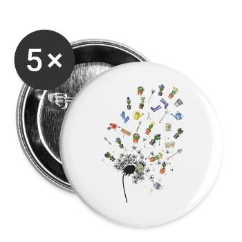 Garten in Splittern: Werkzeuge und Blumen - Buttons groß 56 mm (5er Pack) - Weiß - Vorne