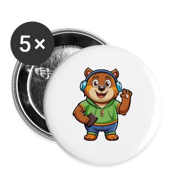 Bär Lustige Zeichentrickfigur Kopfhörer Musik - Buttons groß 56 mm (5er Pack) - Weiß - Vorne