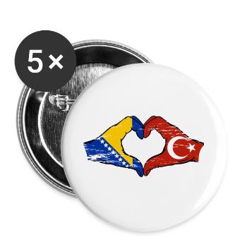 Bosnien Türkei Flagge Hände Herzform used - Buttons groß 56 mm (5er Pack) - Weiß - Vorne