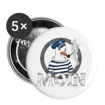 Moin Möwe – Seemann mit Pfeife Nordsee Shirt - Buttons groß 56 mm (5er Pack) - Weiß - Vorne