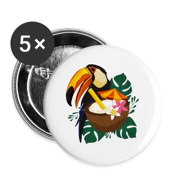 Tukan mit Kokosnuss-Cocktail - Tropisch - Buttons groß 56 mm (5er Pack) - Weiß - Vorne