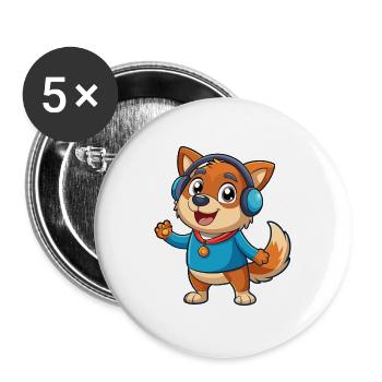 Hund Lustige Zeichentrickfigur Kopfhörer Musik - Buttons groß 56 mm (5er Pack) - Weiß - Vorne