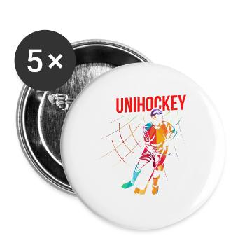 Wieselflinker Unihockey Spieler - Buttons groß 56 mm (5er Pack) - Weiß - Vorne