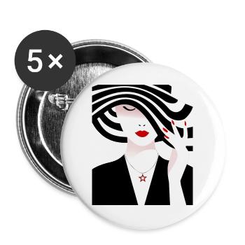 Frau mit schwarz weiß gestreiftem Hut - Buttons groß 56 mm (5er Pack) - Weiß - Vorne