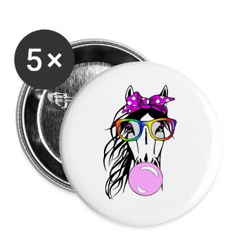 Pferd mit Brille und Kaugummi - Buttons groß 56 mm (5er Pack) - Weiß - Vorne