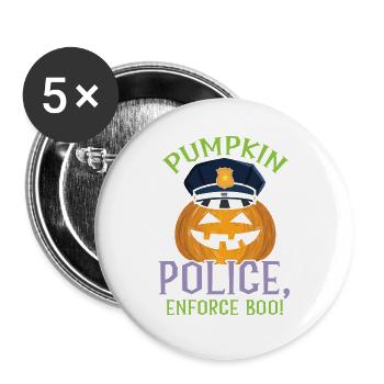 Kürbis-Polizei, erzwingt Buh! Polizist Halloween - Buttons groß 56 mm (5er Pack) - Weiß - Vorne