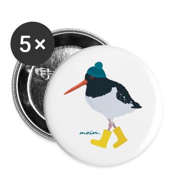 Austernfischer mit Gummistiefeln moin - Buttons groß 56 mm (5er Pack) - Weiß - Vorne