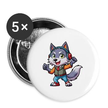 Wolf Lustige Zeichentrickfigur Kopfhörer Musik - Buttons groß 56 mm (5er Pack) - Weiß - Vorne