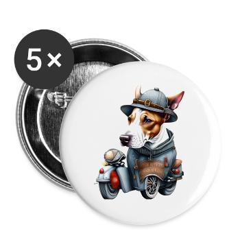 Englisch Bullterrier Motorrad Weihnachtsmütze - Buttons groß 56 mm (5er Pack) - Weiß - Vorne