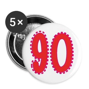 90. 90 JAHRE. 90. JAHRESTAG. 90-JÄHRIGES JUBILÄUM. - Buttons groß 56 mm (5er Pack) - Weiß - Vorne