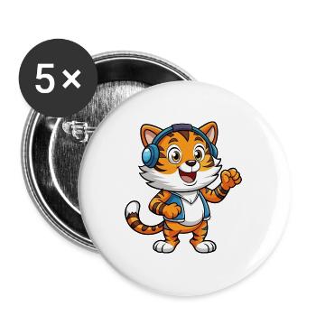 Tiger Lustige Zeichentrickfigur Kopfhörer Musik - Buttons groß 56 mm (5er Pack) - Weiß - Vorne
