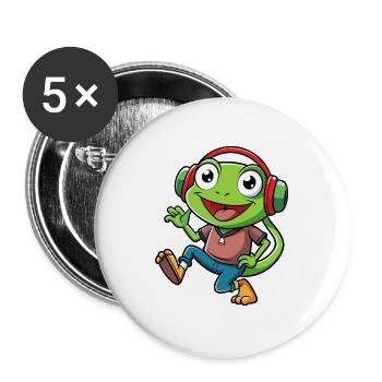 Frosch Lustige Cartoon Figur Kopfhörer Musik - Buttons groß 56 mm (5er Pack) - Weiß - Vorne