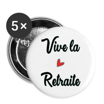 RUHESTAND. RUHESTAND. PENSIONIERT. GLÜCKLICHER RUHESTAND - Buttons groß 56 mm (5er Pack) - Weiß - Vorne