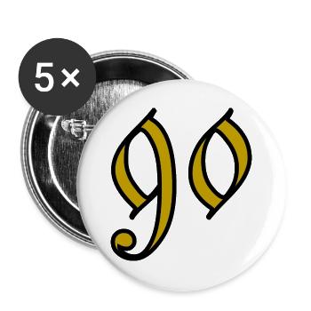 90. 90 JAHRE. 90. JAHRESTAG. 90-JÄHRIGES JUBILÄUM. - Buttons groß 56 mm (5er Pack) - Weiß - Vorne