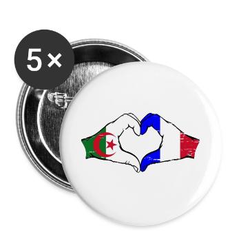 Algerien Frankreich Flagge Hände Herzform used - Buttons groß 56 mm (5er Pack) - Weiß - Vorne
