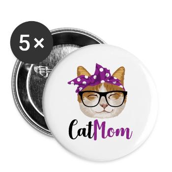 Cat Mom - Katze mit Brille und Haarband - Buttons groß 56 mm (5er Pack) - Weiß - Vorne