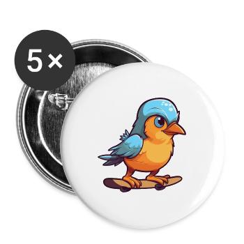 Lustiger Jay Vogel Kawaii Cartoon spielt Skateboard - Buttons groß 56 mm (5er Pack) - Weiß - Vorne