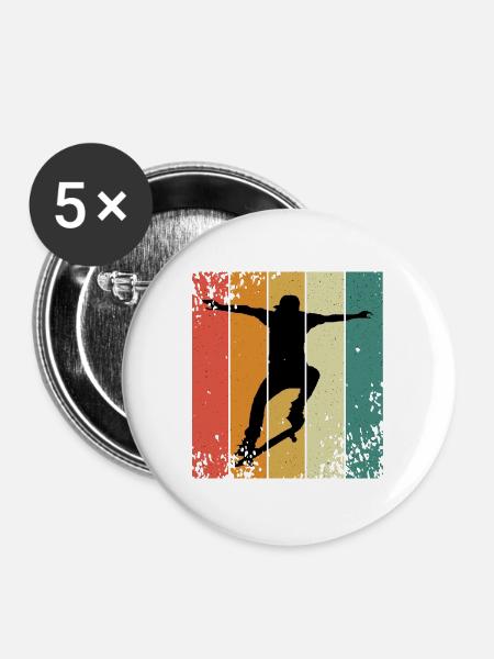 Retro-Skate-Silhouette auf farbigen Panels - Buttons groß 56 mm (5er Pack) - Weiß